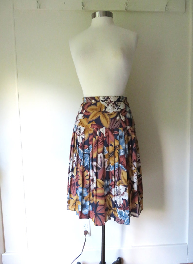 tropical print floral skirt, vintage clothing 90s navy blue brown gold, women small medium image 2