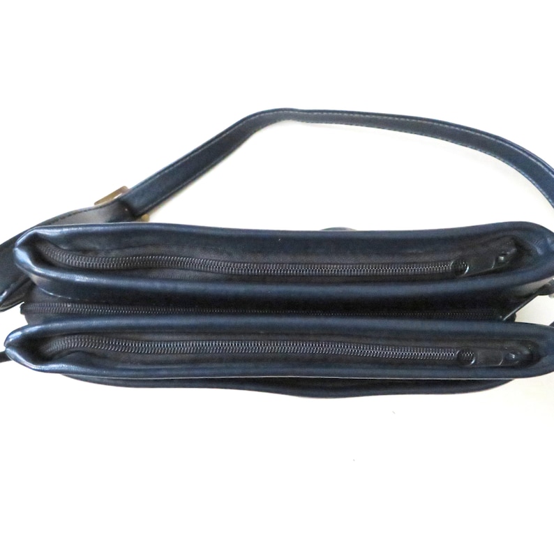 vintage navy blue shoulder bag with long strap, minimalist style, 1970s vegan purse image 4