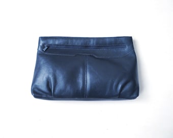 Vintage clutch bag, 80s navy blue leather, minimalist style handbag