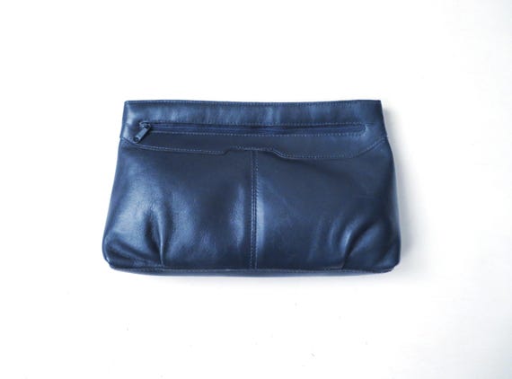Vintage clutch bag, 80s navy blue leather, minimalist style handbag