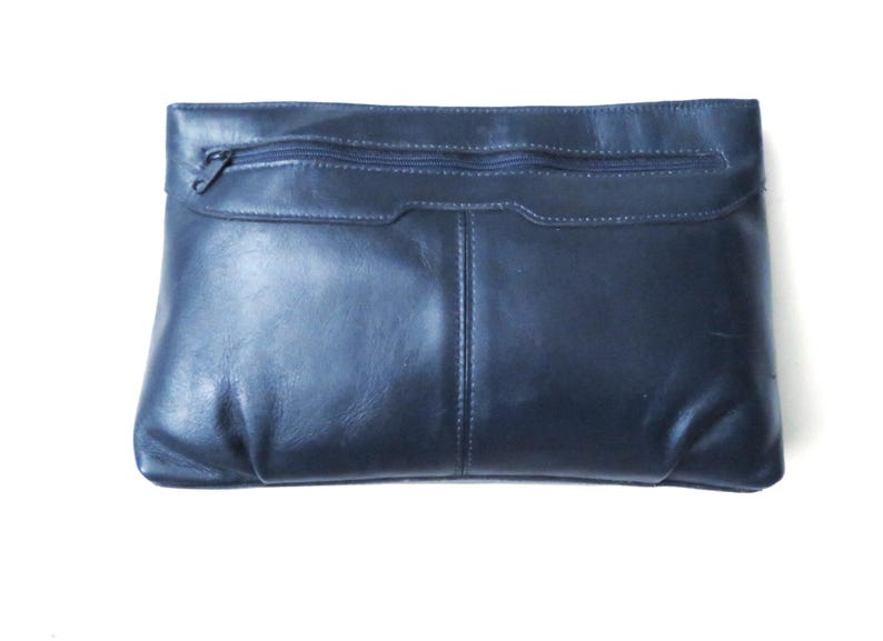 Vintage clutch bag, 80s navy blue leather, minimalist style handbag image 2