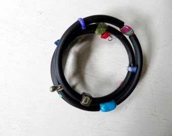 rubber bracelet vintage 90s handmade, men women unisex jewelry, beaded wrap bangle bracelet, lightweight, adjustable  memory wire