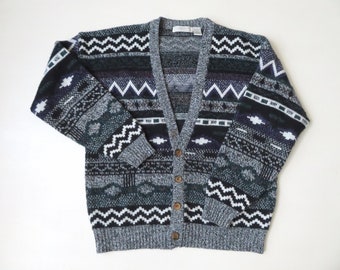 oversized cardigan with Nordic pattern, fair isle sweater, grey, black, unisex style, men or women, vintage 80s