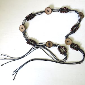 macrame belt vintage fabric cinch belt boho style for hips or waist, dark brown cord and wood beads, extra large, plus size