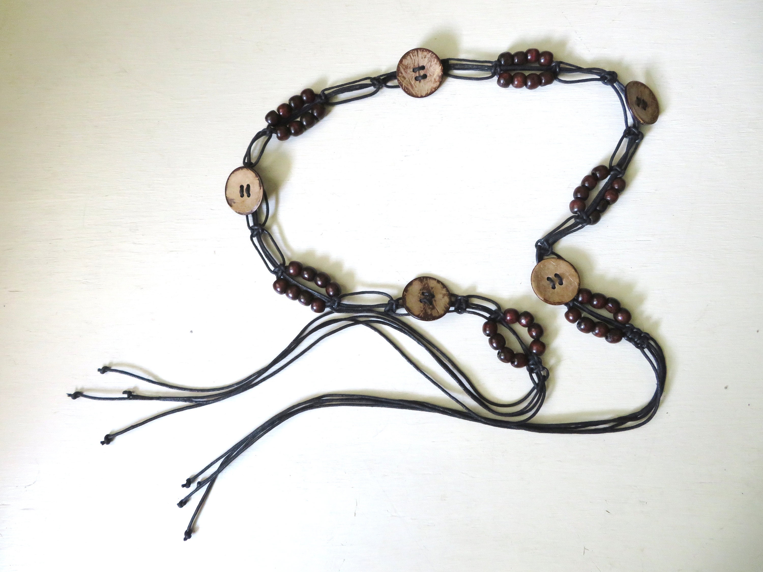 Vintage Macrame Belt: Dark Brown Cord, Wood Beads, Plus Size 