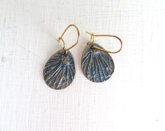 blue earrings, bronze on gold plated ear wires, dangle ear rings, Queen Anne's lace, organic natural rustic jewelry, vintage jewelry gift