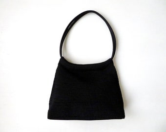 90s shoulder bag, black crochet, vegan fabric bag, minimalist style, natural neutral clothing, vintage purse