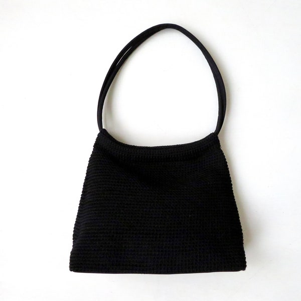 90s shoulder bag, black crochet, vegan fabric bag, minimalist style, natural neutral clothing, vintage purse
