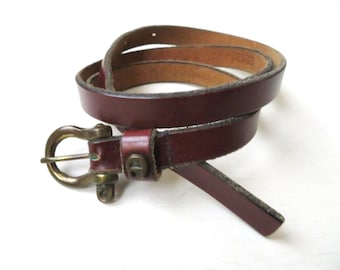 Etienne Aigner narrow leather belt, rustic distressed, brass buckle, vintage 70s, unisex style, women or men, size 32 to 35