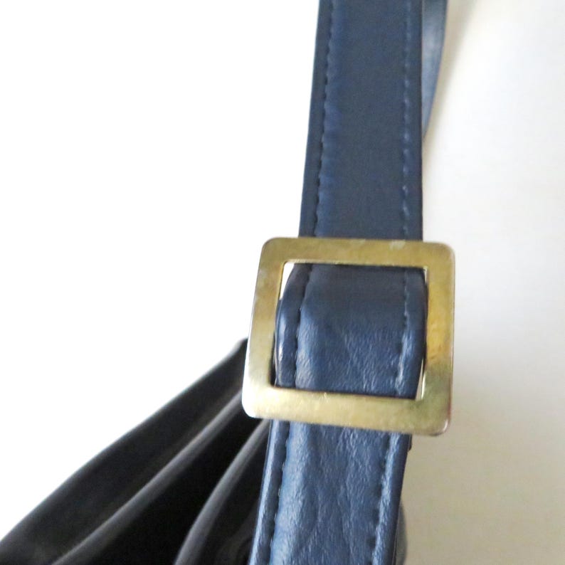 vintage navy blue shoulder bag with long strap, minimalist style, 1970s vegan purse image 10
