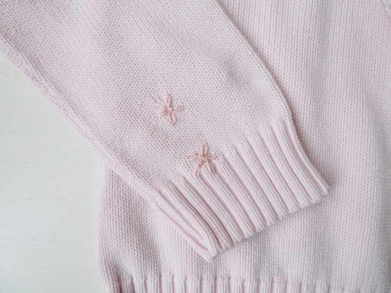 pale pink cotton pullover with embroidery, crewneck sweater, oversized on small, women medium, vintage 90s clothing image 3