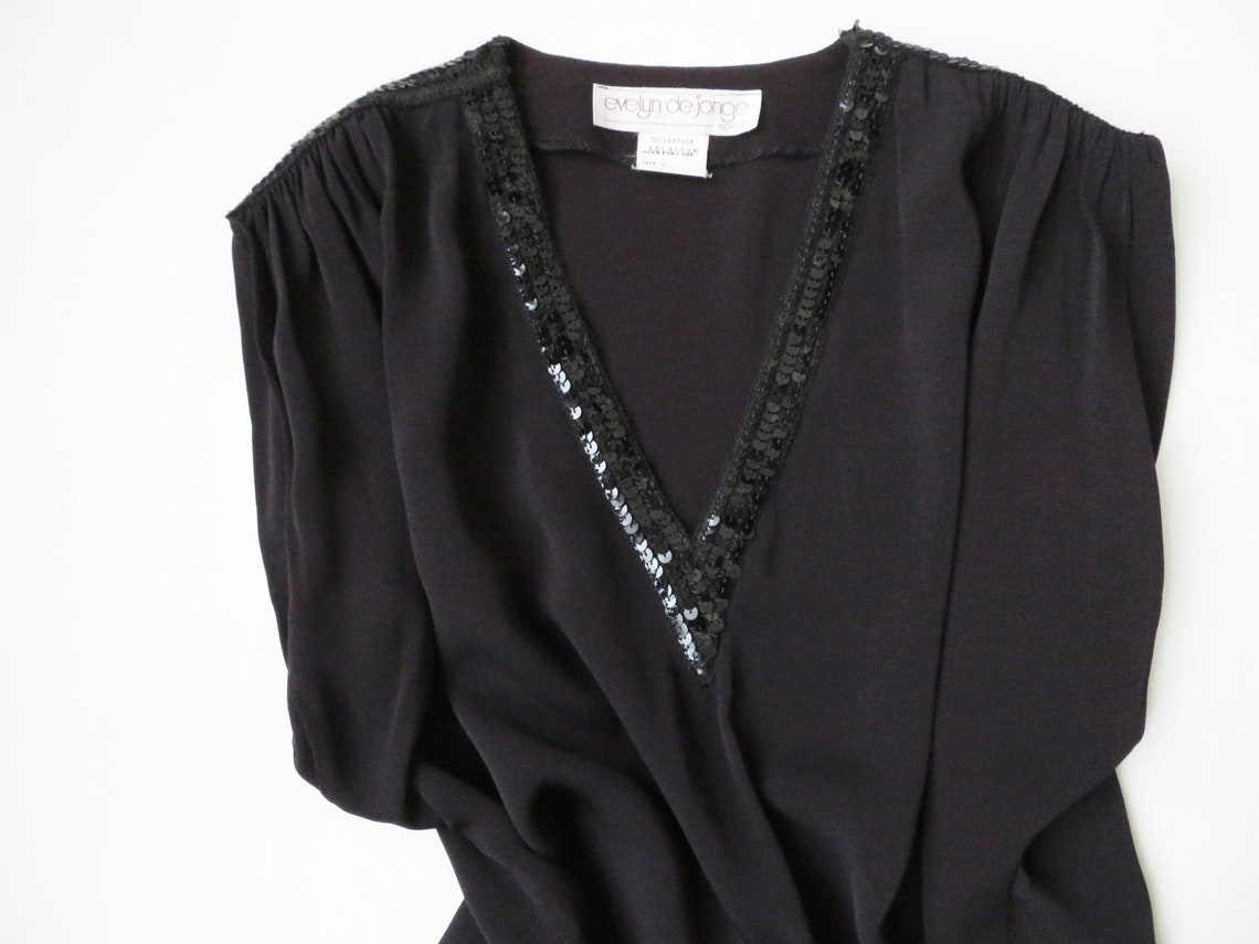 Black silky top with sequins ruched shoulders oversized | Etsy