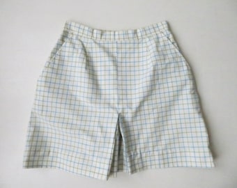 skort shorts with pockets, vintage 60s 70s highwaisted culottes, plaid windowpane check cotton, womens xs size