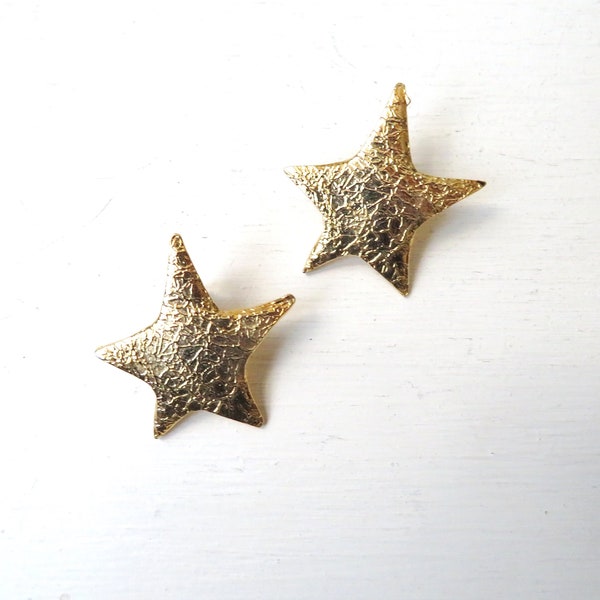 gold star earrings, vintage 80s asymmetrical jewelry, modernistic stud earrings, abstract stars, post back, gift idea