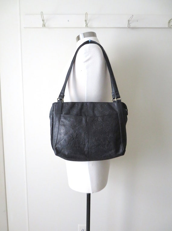 black shoulder bag, tooled leather, vintage 90s p… - image 2