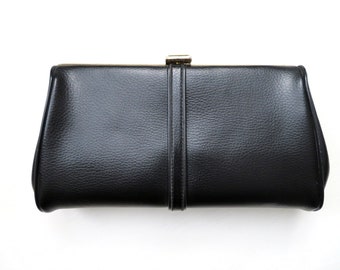 black clutch bag  & compact mirror, handbag with convertible handle, faux leather vegan bag, vintage 60s Mad Men era