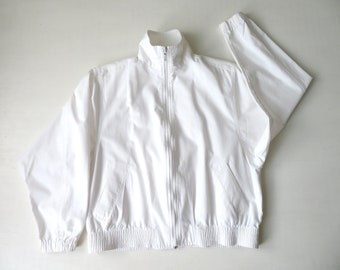 white cotton bomber jacket with funnel neck, oversized jacket with pockets, tomboy clothing, vintage 80s, women small medium