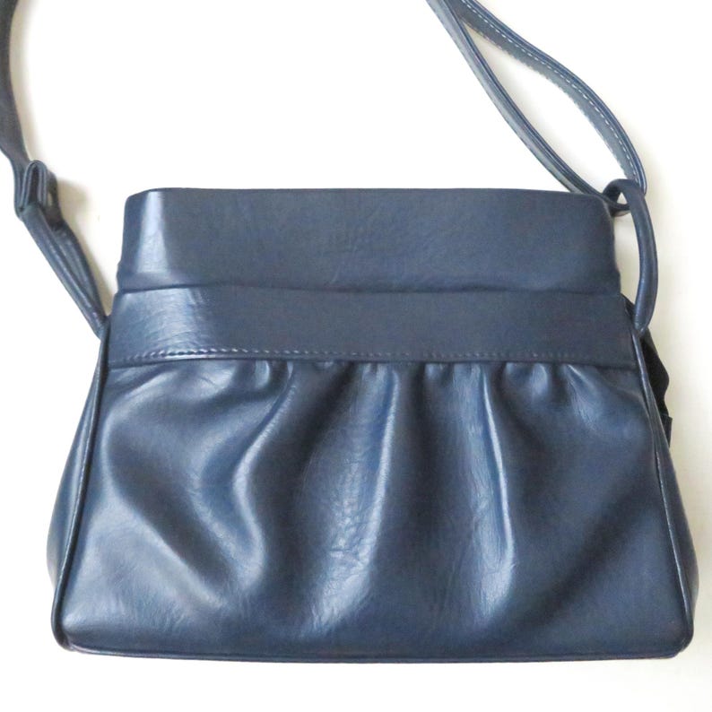 vintage navy blue shoulder bag with long strap, minimalist style, 1970s vegan purse image 3