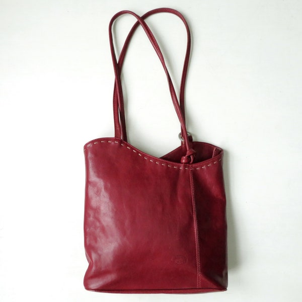 bolso o mochila de cuero rojo oscuro, estilo convertible, estilo minimalista, vintage años 90, H'Joe, hecho en Italia
