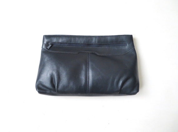 leather clutch bag, vintage 80s, navy blue, minimalist style handbag, Contessa,