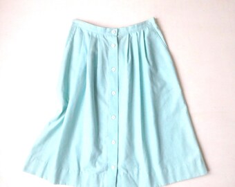 Vintage 80s Turquoise Midi Skirt - Button Front Pockets - waist 28.5" to 30"