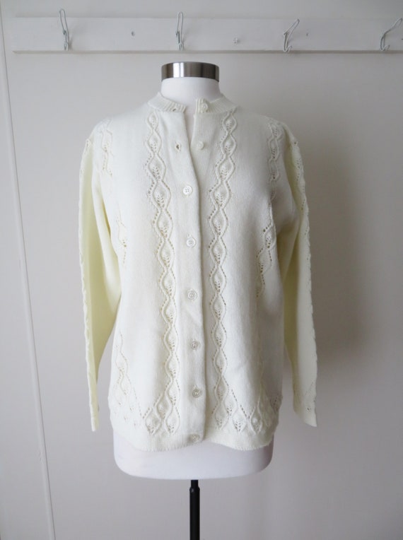 cream cardigan, lacy knit, off white sweater, pre… - image 2