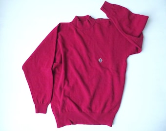 red mockneck pullover sweater, cranberry wool turtleneck, long oversized fit, minimalist style, vintage 80s Pringle, women medium