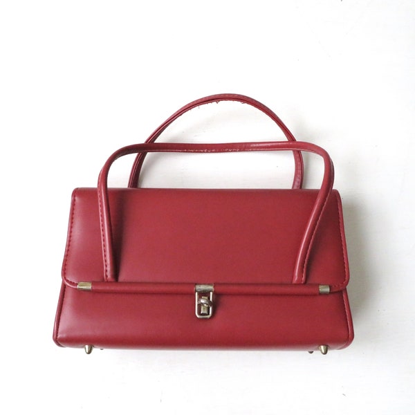 vintage 50s 60s handbag, reddish brown or rust, faux leather vegan purse, Mad Men style