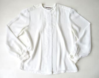 white poet blouse with tucks and embroidery, minimalist style, oversized top, button down silky shirt, vintage 80s 90s, women small