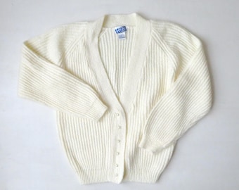 v-neck cardigan sweater, vintage 80s pale yellow rib knit, womens small size