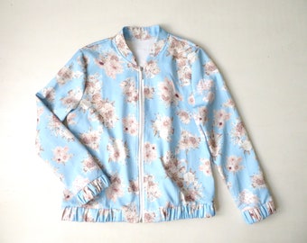 summer jacket, lightweight blue floral zip up bomber jacket oversized, vintage women small medium
