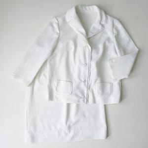 little white suit, vintage 60s 70s clothing, Jackie O style, women extra small size