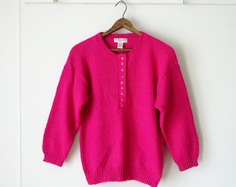 fuschia pink pullover sweater - vitage with henley button neckline, -petite , bust 38"
