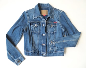 denim jacket, 90s vintage GUESS blue jean jacket, women extra small, 90s clothing