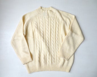 mockneck sweater with buttons, vintage 90s, marled turtleneck, yellow pullover, minimalist style, medium, Karen Scott