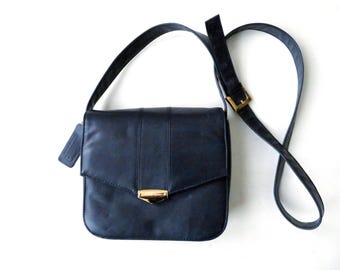 Navy Blue Leather Crossbody Bag, Vintage 90s Long Strap Purse with Sections, Slightly Distressed