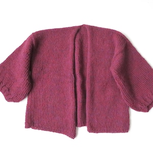 hand knit cardigan chunky knit sweater, elbow length half sleeves, handknit Aran wool burgundy heather tweed dark red,