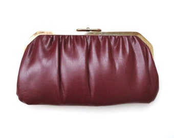 vintage clutch bag, 60s 70s oxblood brown faux leather vegan purse