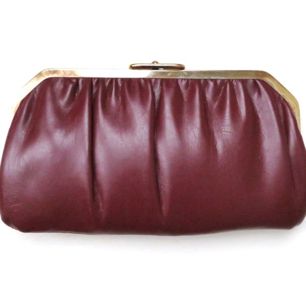 vintage clutch bag, 60s 70s oxblood brown faux leather vegan purse