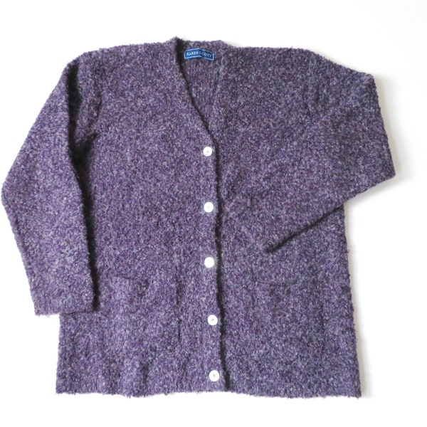oversized cardigan sweater with pockets, purple v-neck button front cardi, vintage 90s clothing, women medium large