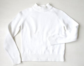 white mockneck sweater, cotton turtleneck pullover, minimal sweater, vintage 90s, women small, Jeanne Pierre