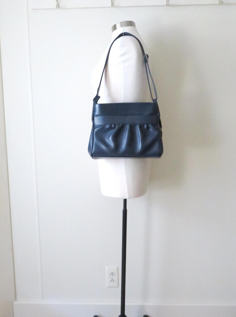 vintage navy blue shoulder bag with long strap, minimalist style, 1970s vegan purse image 2