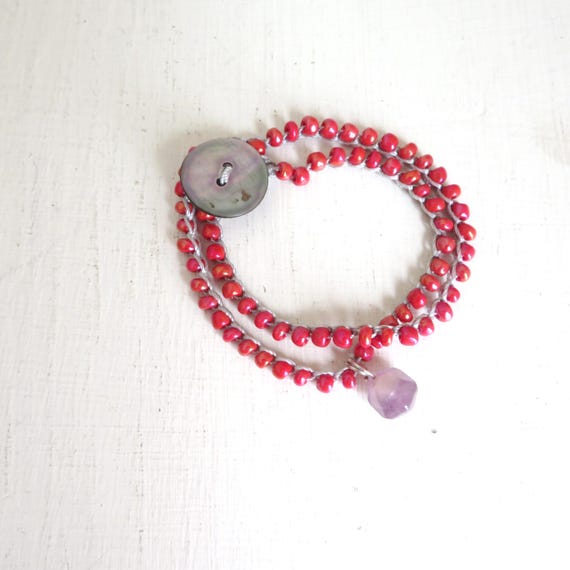 wrap bracelet with amethyst drop & vintage button - beaded crochet stacking jewelry