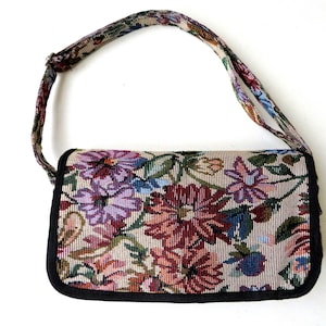 floral tapestry bag, vegan fabric boho shoulder bag, adjustable strap, organizer bag, vintage 90s,