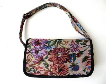 floral tapestry bag, vegan fabric boho shoulder bag, adjustable strap, organizer bag, vintage 90s