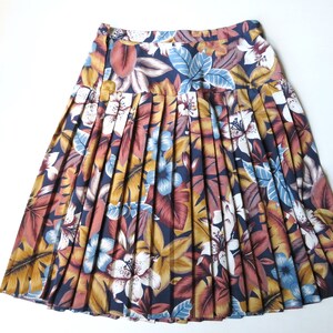 tropical print floral skirt, vintage clothing 90s navy blue brown gold, women small medium image 6