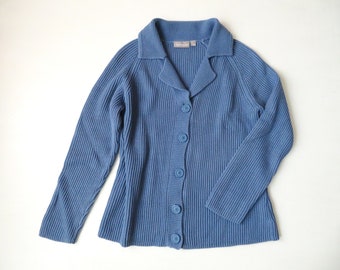 blue cardigan with collar, cotton sweater, minimalist clothing, women medium, Croft & Barrow