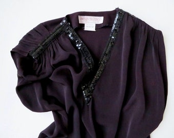 disco blouse with sequins, black oversized silky top, ruched shoulders, minimalist style, vintage 70s 80s, women small Evelyn de Jonge