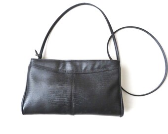 crossbody bag, black faux leather, reptile texture, long strap vegan purse, minimalist style, vintage 80s