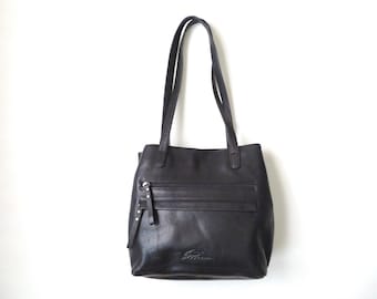 Stone Mountain shoulder bag, black leather satchel, vintage 90s